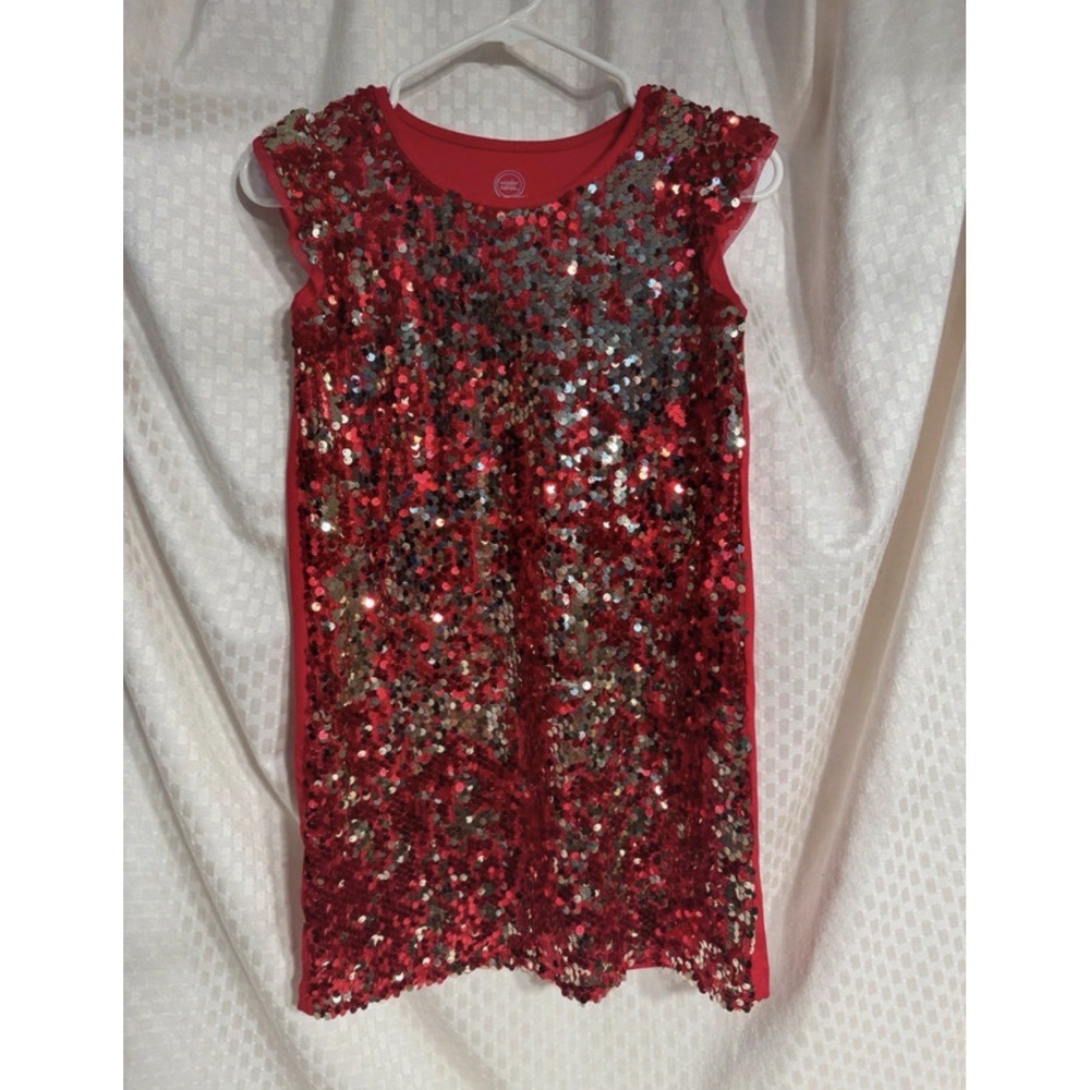 Wonder Nation Women's Red & Gold Sequinned Cap Sleeves Blouse Size Medium EUC